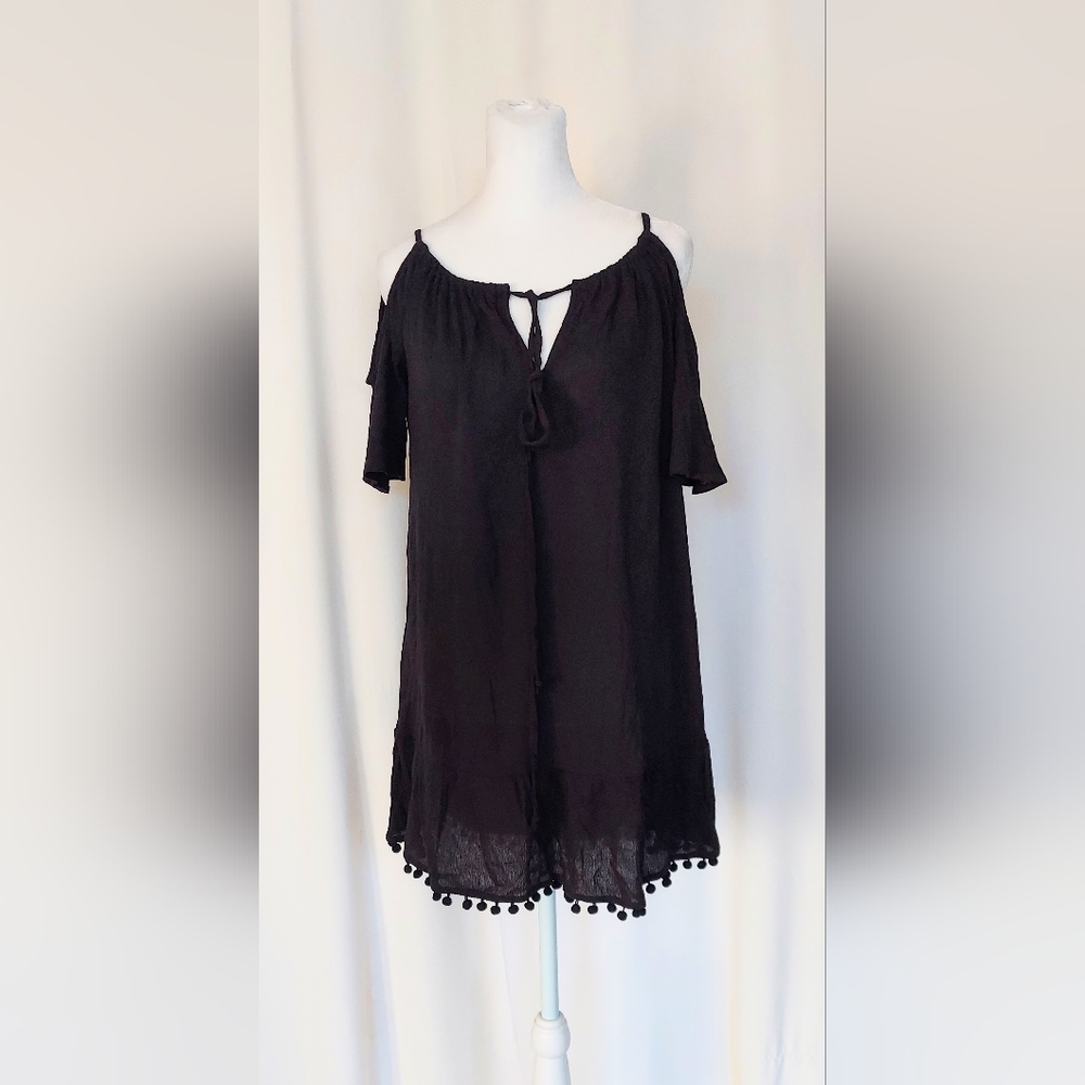 Cover 2 Cover Short Sleeve Cold Shoulder Tassled Cover Up Black Womens Small